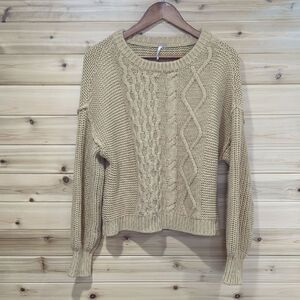 Free People Sweater Womens Small Tan Dream Cable Crewneck Sweater Classic Camel
